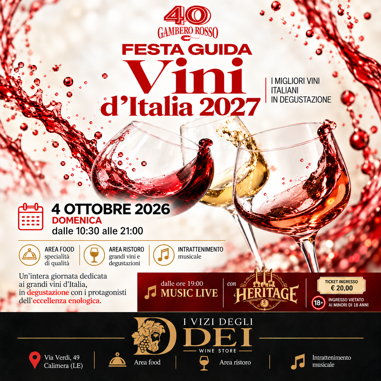 Locandina della Festa Guida Vini d’Italia 2027: Gambero Rosso, 4 ottobre 2026 a Calimera